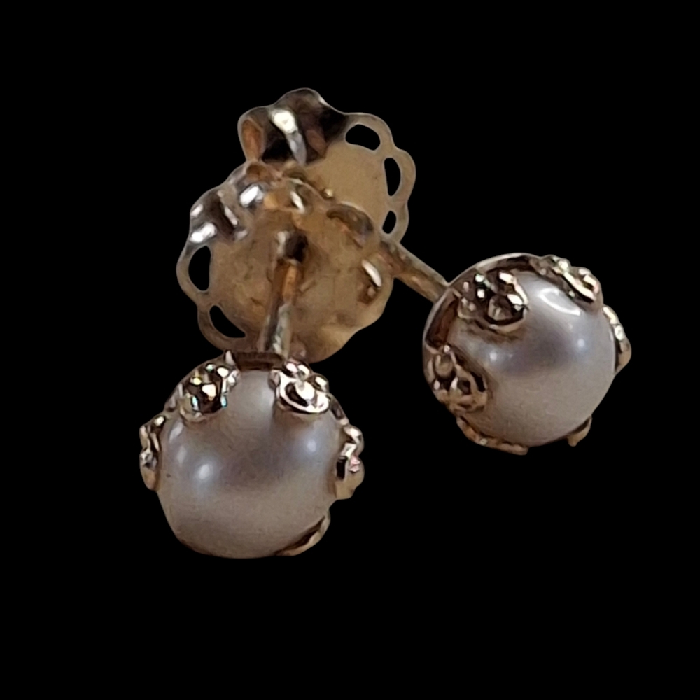 Vintage Diminutive 14k 585 Yellow Gold & Pearl Stud Earrings - Picture 11 of 14